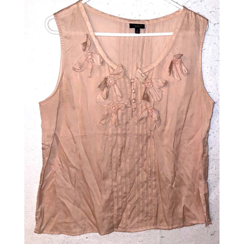 Talbots Women's sz 14 Peach Pink Sleeveless Top Shirt Silk Cotton Blouse Flower